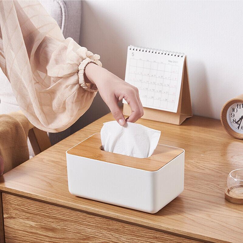 Elegant Wooden Tissue Box Dispenser in White, Blue, Yellow, and Pink for Home and Office Use.